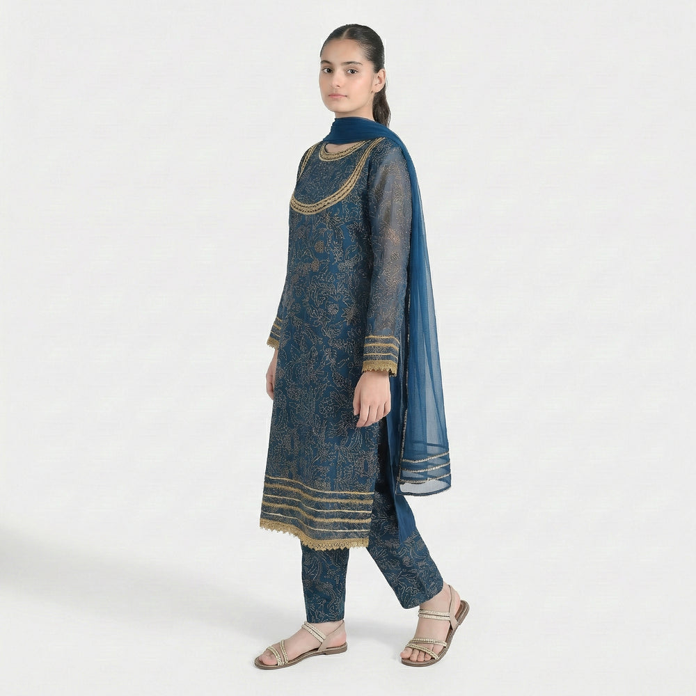 Teens Girls Chiffon 3Pcs (Zarmeena) - Teal Green