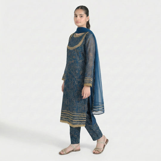 Teens Girls Chiffon 3Pcs (Zarmeena) - Teal Green