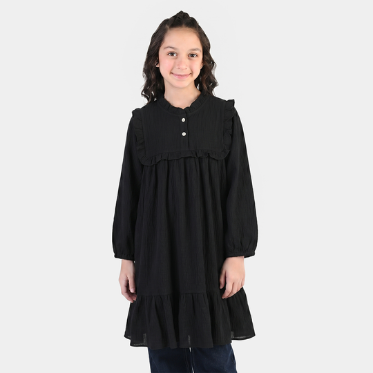 Girls Poly Cambric Casual Frock – Black
