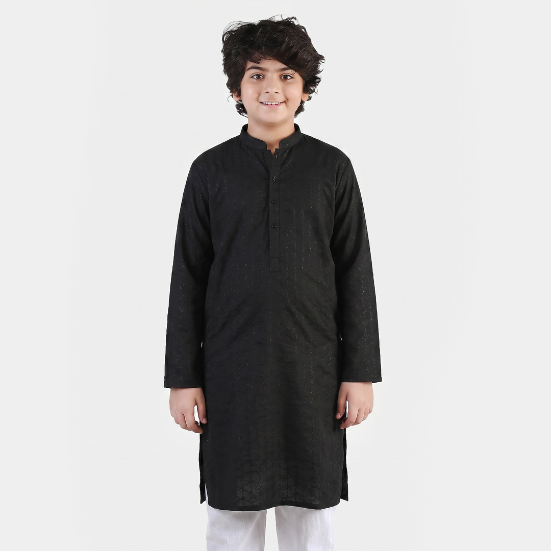 Teens Boys Cotton Poplin Kurta (Chicken Kari)-BLACK