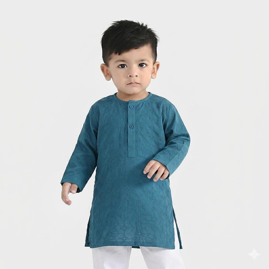 Infant Boys Cotton Chicken Kari Poplin Kurta - Teal Blue