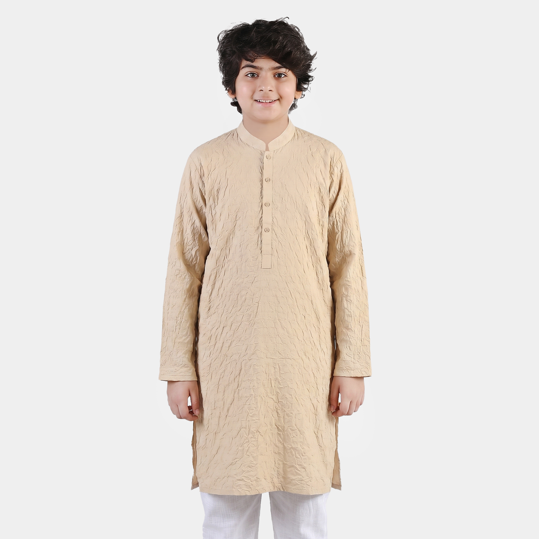 Teens Boys Cotton Poplin Kurta (Chicken Kari) - Beige