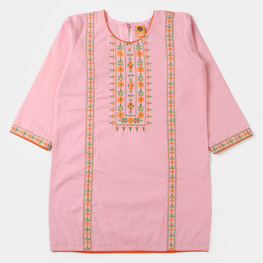 Girls Embroidered Kurti Delight Cotton- Pink