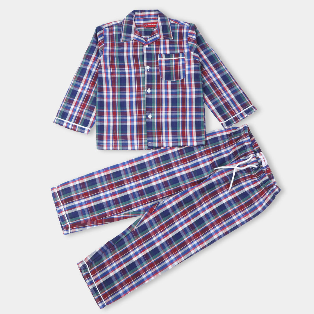 Boys Woven Night Suit Mix Check-Navy Check-1