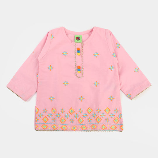 Infant Girls Cotton Embroidered Kurti Pop - Pink