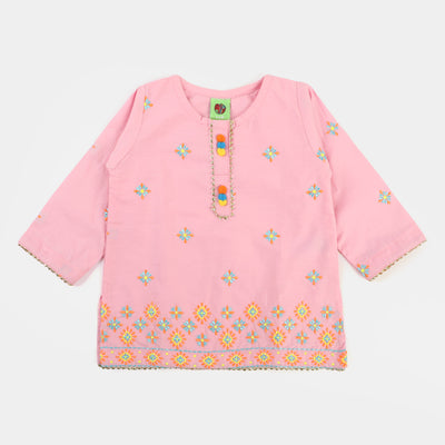 Infant Girls Cotton Embroidered Kurti Pop - Pink