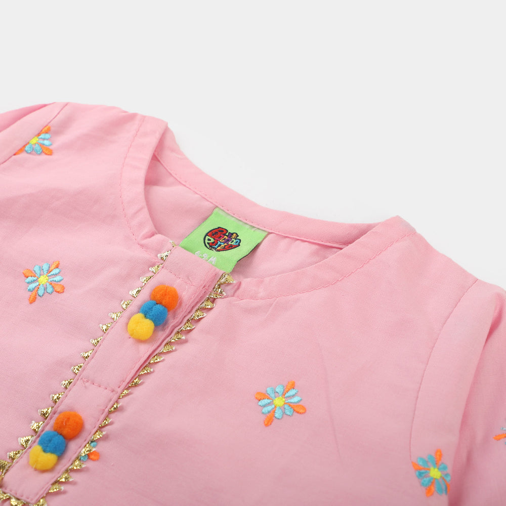 Infant Girls Cotton Embroidered Kurti Pop - Pink