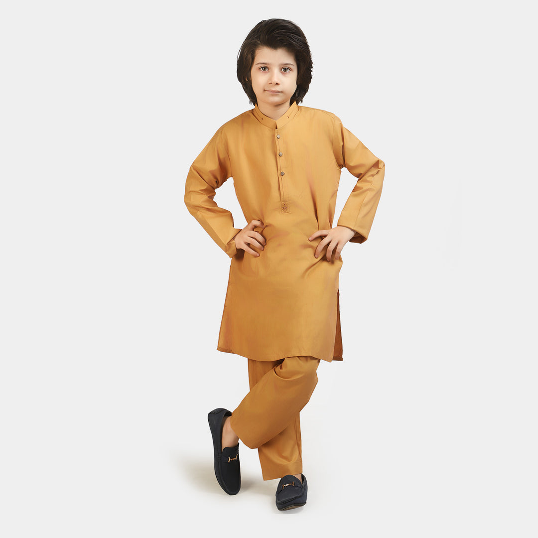 Boys Embroidered Kurta Pajama Suit - Mustard