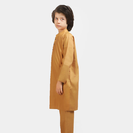 Boys Embroidered Kurta Pajama Suit - Mustard