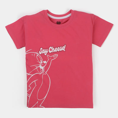 Girls Slub T-Shirt Say Cheese - Hot Pink