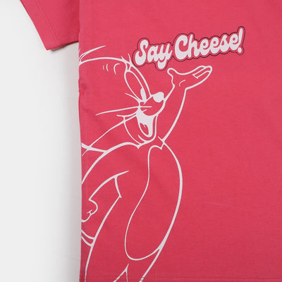 Girls Slub T-Shirt Say Cheese - Hot Pink