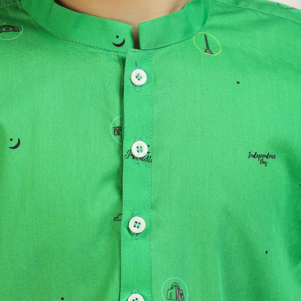 Boys Cotton Independence Printed Kurta National Monument - Green
