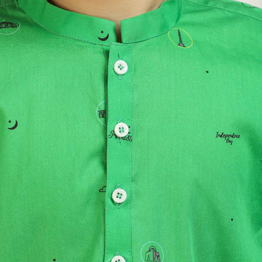 Boys Cotton Independence Printed Kurta National Monument - Green