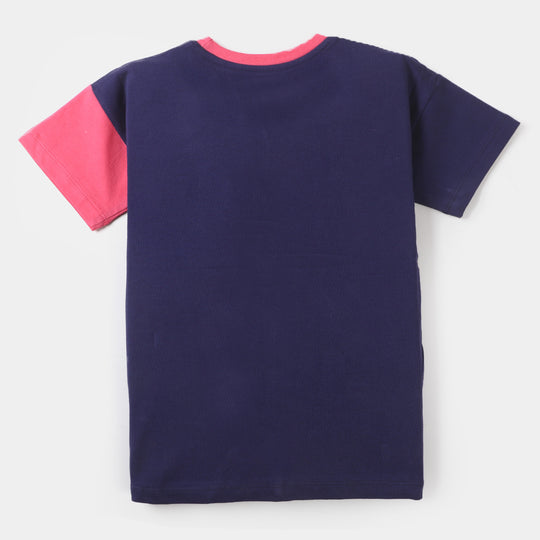 Girls Slub T-Shirt Character - Navy Blue And Pink