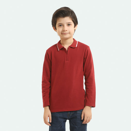 Boys Cotton Polo T-Shirt Half Zip - Maroon