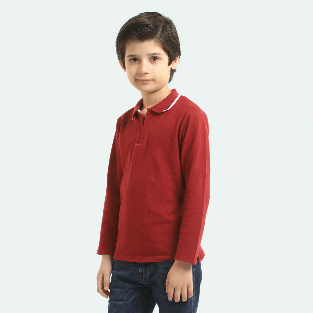 Boys Cotton Polo T-Shirt Half Zip - Maroon