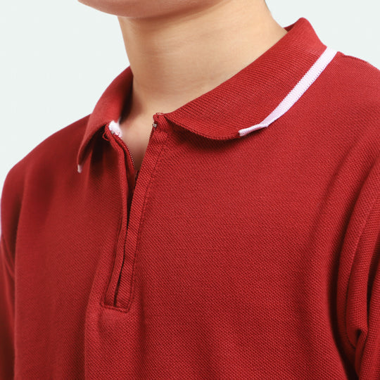 Boys Cotton Polo T-Shirt Half Zip - Maroon