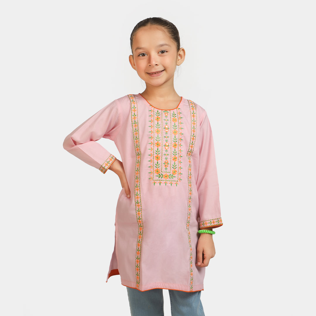 Girls Embroidered Kurti Delight Cotton- Pink