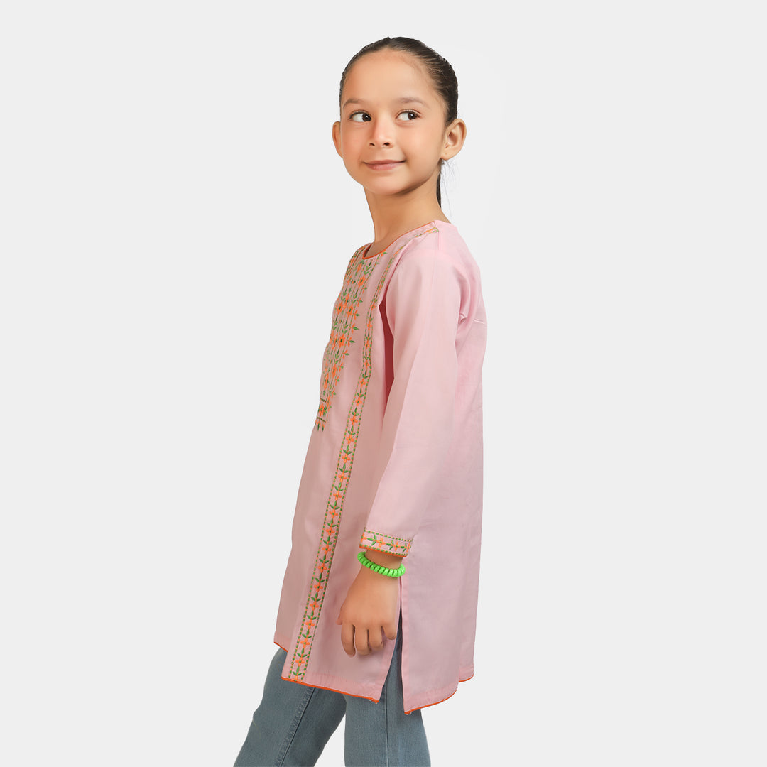 Girls Embroidered Kurti Delight Cotton- Pink