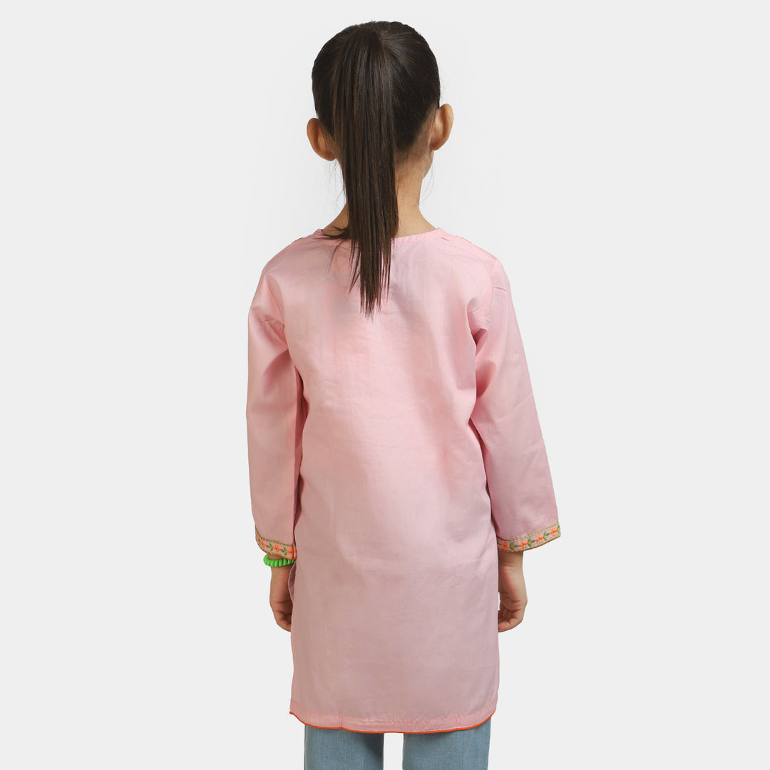 Girls Embroidered Kurti Delight Cotton- Pink