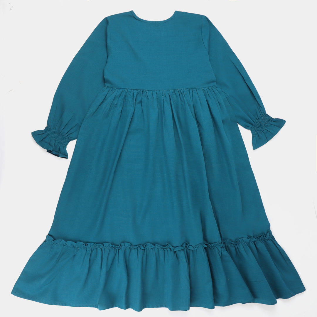 Teens Girls khaddar Long Dress -Teal Green