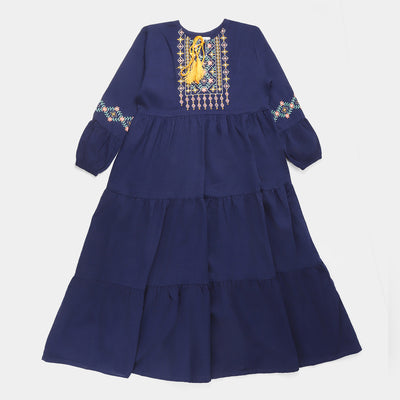 Teens Girls Cotton EMB Long Dress -Navy Blue