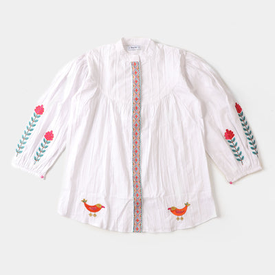 Teens Girls Embroidered Top East Bird - White