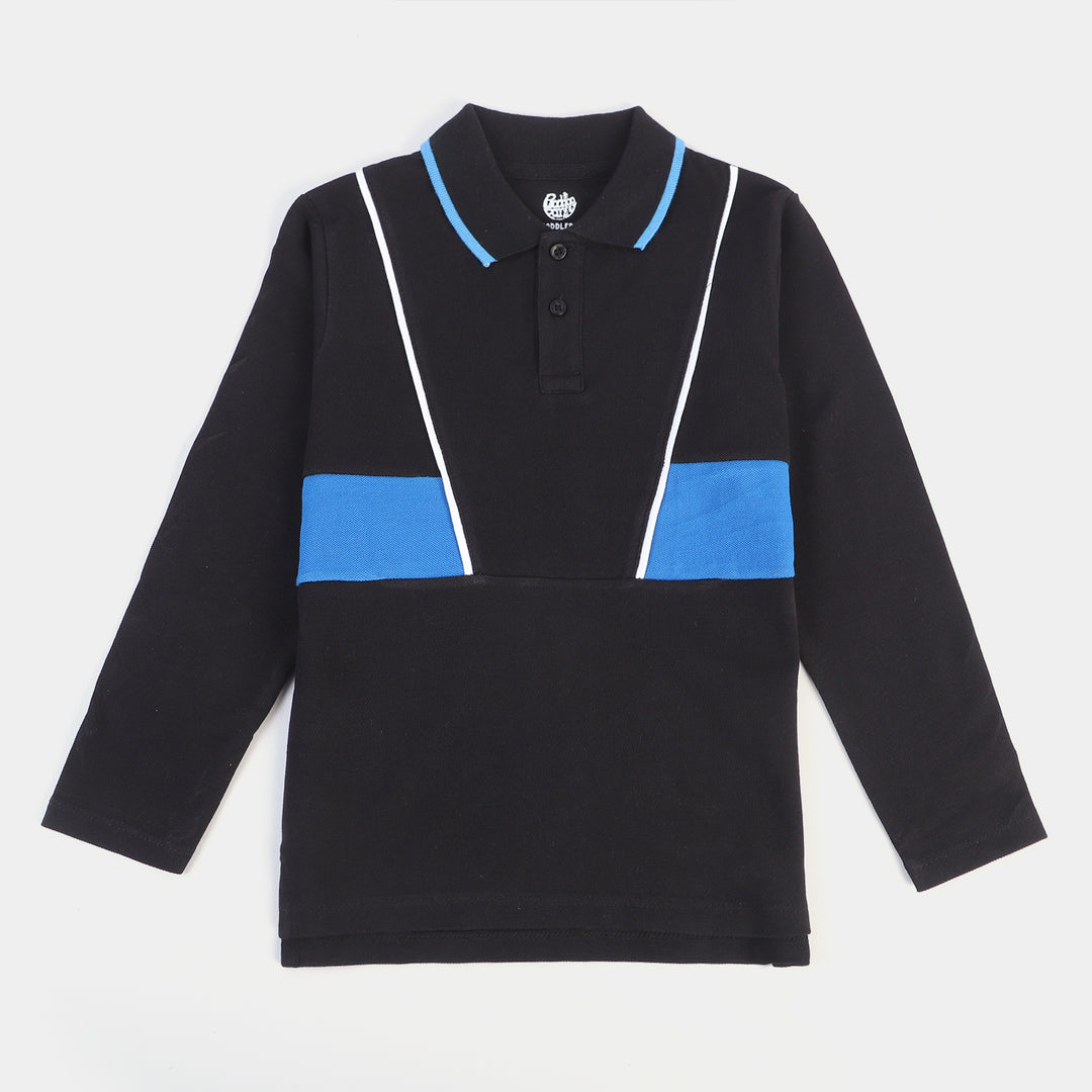 Boys Cotton Panels Polo T-Shirt -Jet Black