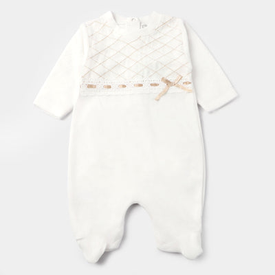 Infant Girls Velour Knitted Romper Ribbon Lace-White