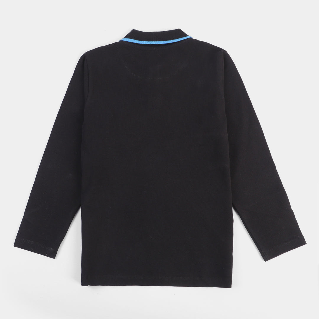 Boys Cotton Panels Polo T-Shirt -Jet Black