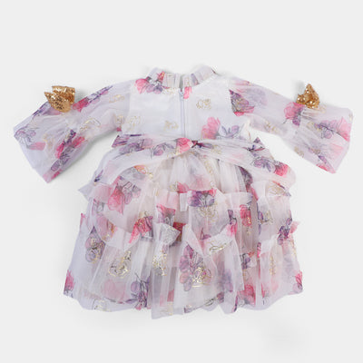 Infant Girls Net & Silk Fancy Frock Floral-Pink