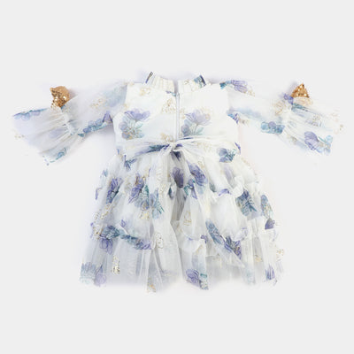 Infant Girls Net & Silk Fancy Frock Floral-Blue