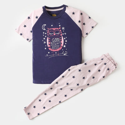 Girls Knitted Night Suit Good Night - Navy Blue