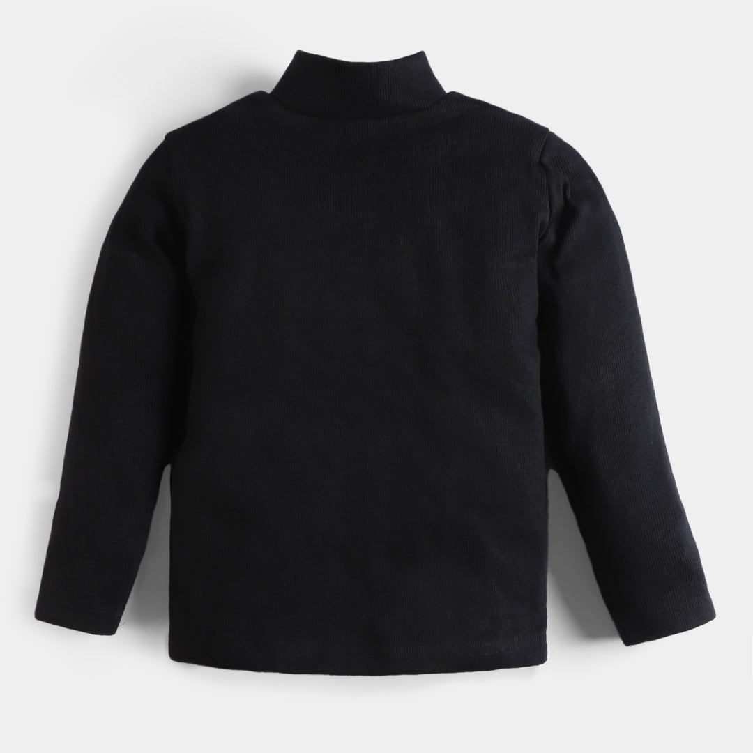 Unisex Kids Rib Turtle Neck-BLACK