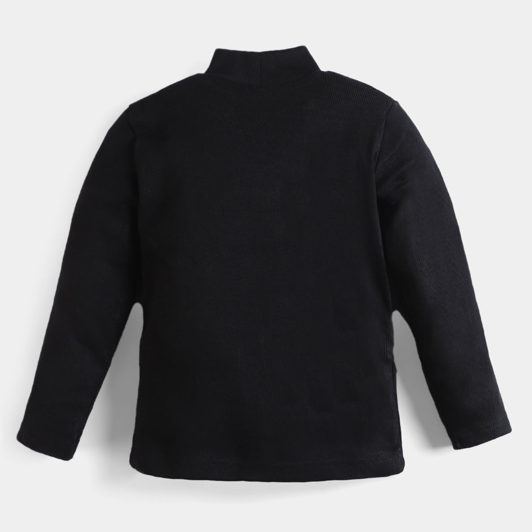 Unisex Kids Rib Turtle Neck-BLACK