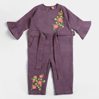 Girls Corduroy Emb Jumpsuit Flower-LT.Purple