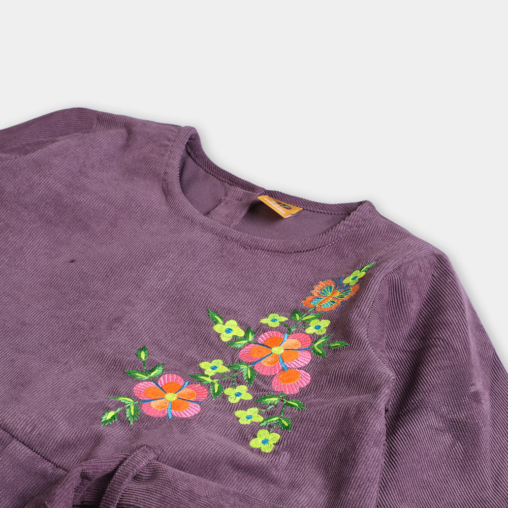 Girls Corduroy Emb Jumpsuit Flower-LT.Purple
