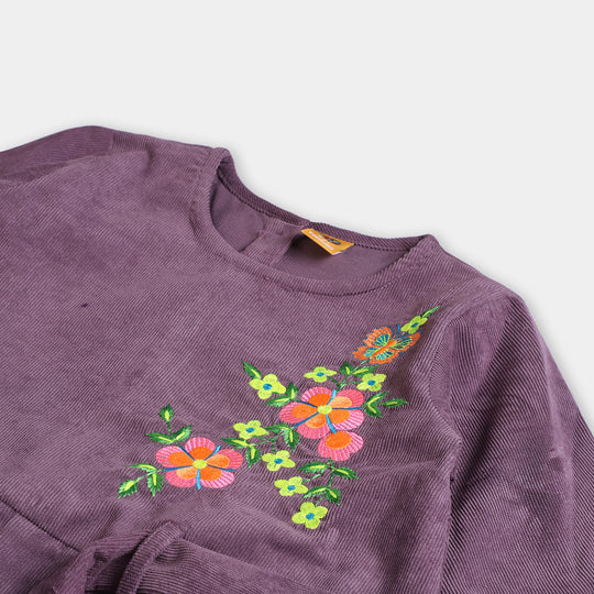 Girls Corduroy Emb Jumpsuit Flower-LT.Purple