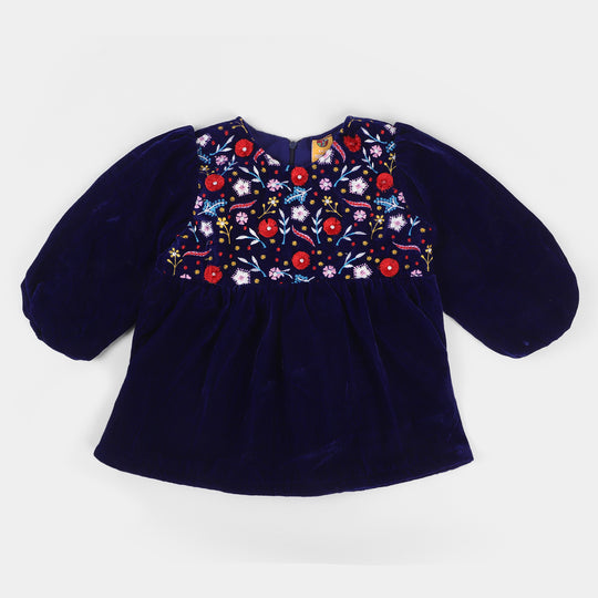 Girls Velvet EMB Top Floral Garden-Navy Blue