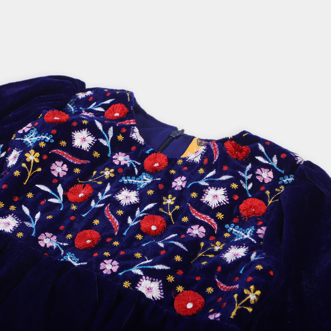 Girls Velvet EMB Top Floral Garden-Navy Blue