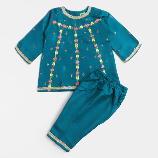 Infant Girls Silk 2PC Suit Phool Pari-Sea Green