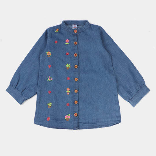 Girls Denim Embroidered Top Flowers - Blue