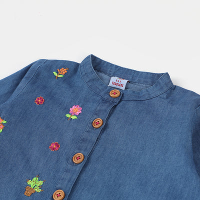 Girls Denim Embroidered Top Flowers - Blue