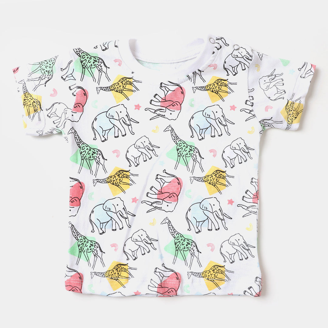 Infant Boys Round Neck T-Shirt Animals Printed- White