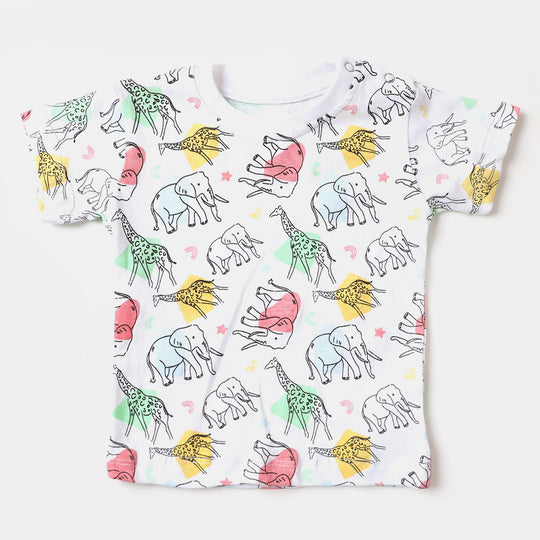 Infant Boys Round Neck T-Shirt Animals Printed- White