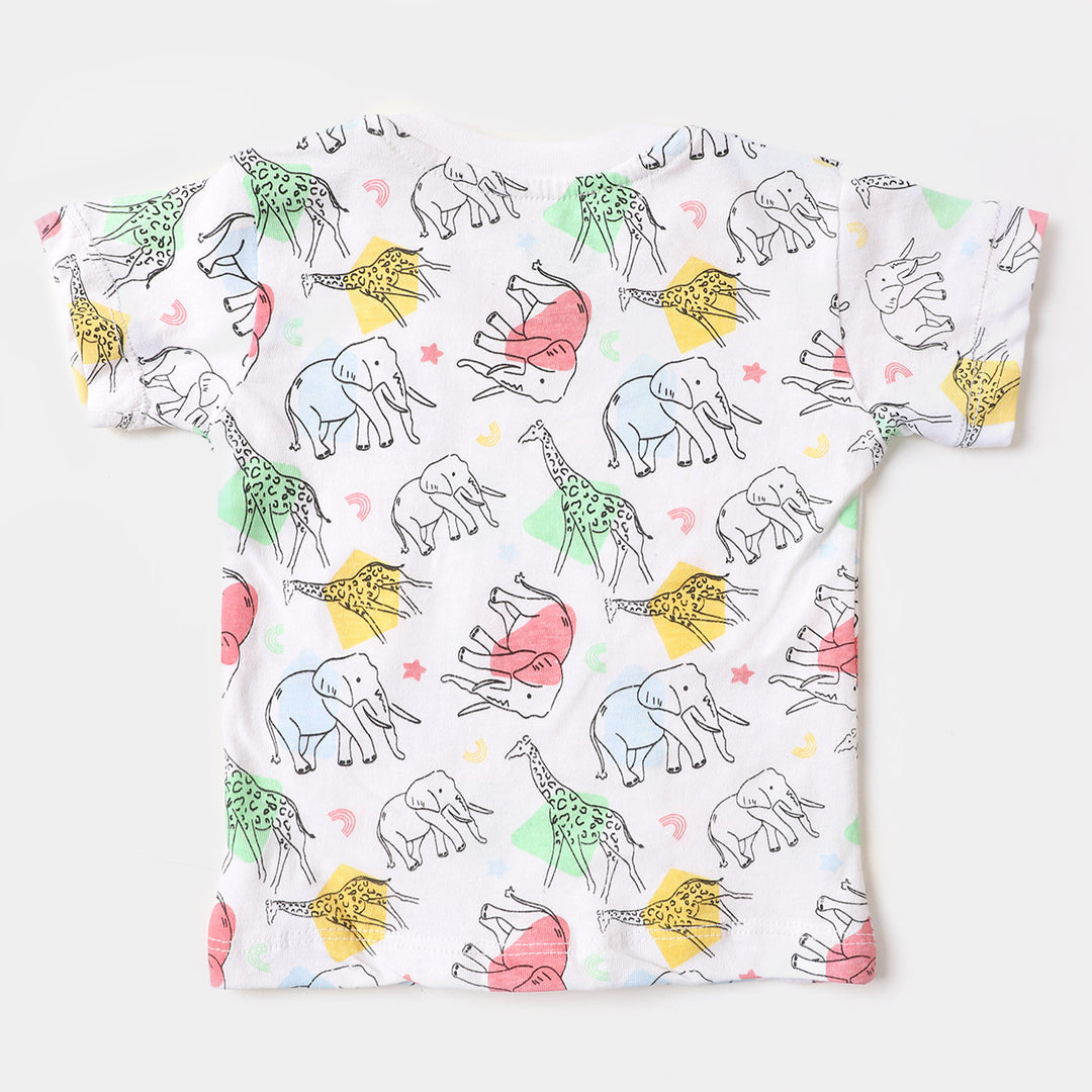 Infant Boys Round Neck T-Shirt Animals Printed- White