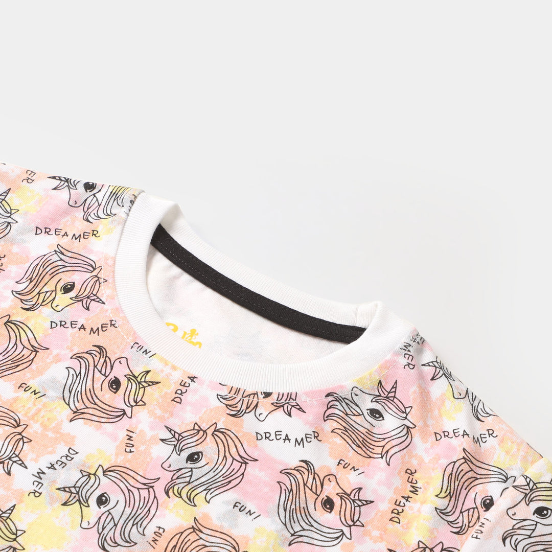 Girls Knitted Night Suit Printed - White
