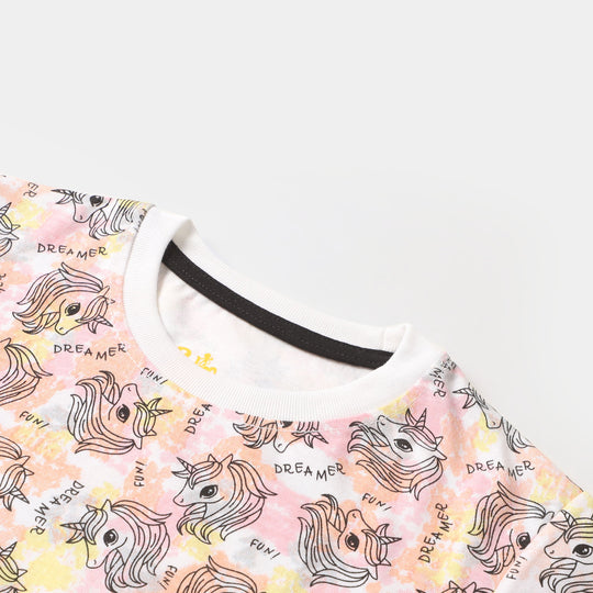 Girls Knitted Night Suit Printed - White