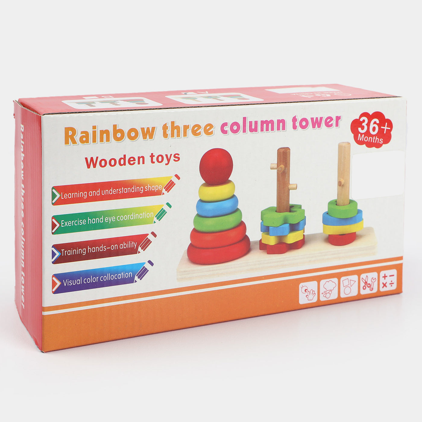 Wooden Rainbow Tower 3 Colum Educational Toy