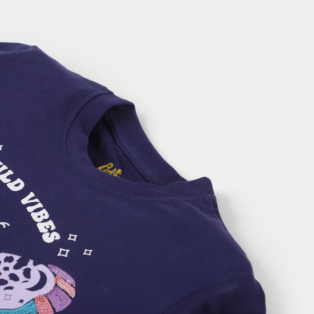 Girls Cotton T-Shirt Wild Vibes - NAVY